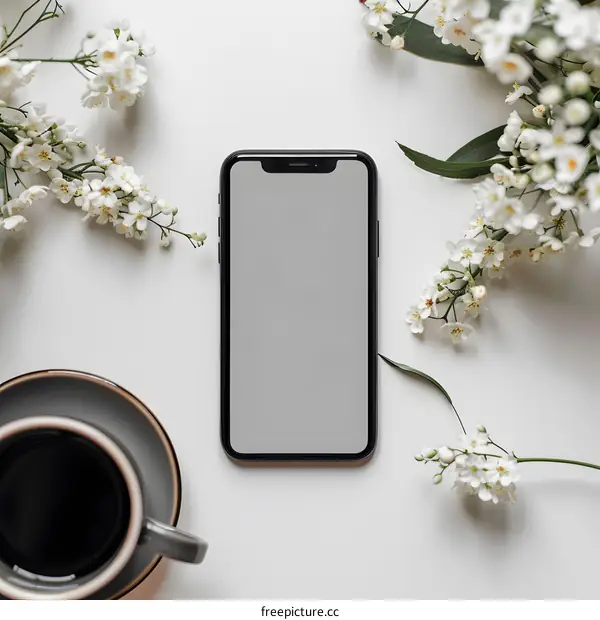 Flat Lay Phone with Coffee and Flowers Mockup