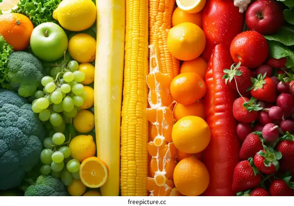 A variety of fruits and vegetables are arranged in a rainbow pattern.