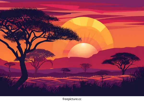 African Savanna Sunset Landscape Illustration