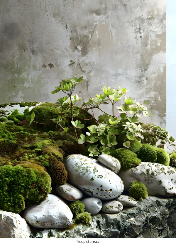 Green Moss and Stones on a Concrete Wall