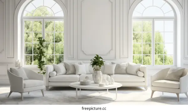Elegant and Airy White Living Room with Large Bay Windows