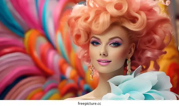 portrait of a beautiful woman with pink curly hair and blue eyes