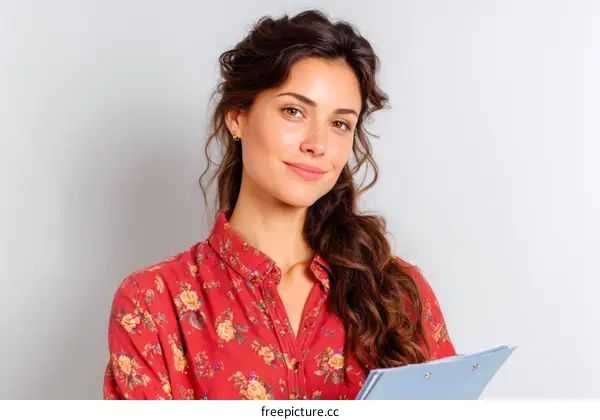 Smiling Woman Holding Clipboard in Red Floral Shirt