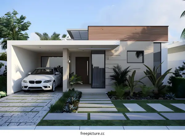 Modern House Exterior Design with a Car in the Garage