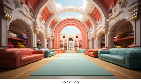Tranquil Space: Pastel Pink and Blue Room with Arched Openings and Columns