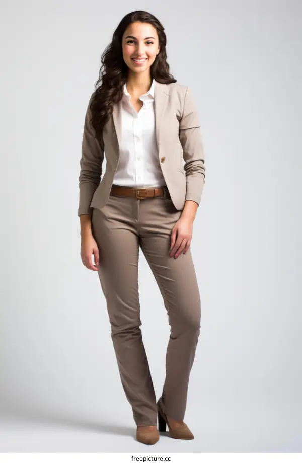 Businesswoman wearing a brown suit and white blouse