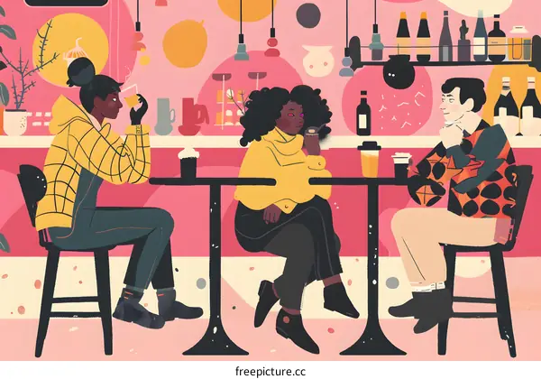 Three Friends Enjoying Drinks at a Cafe