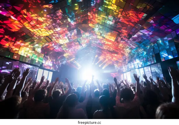 People dancing at a rave with colorful lights
