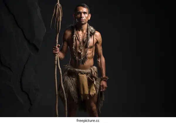Prehistoric man holding a wooden staff