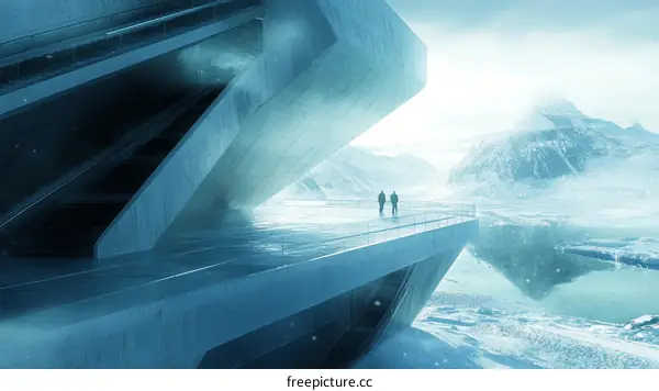 Futuristic Concrete Architecture with Snowy Landscape