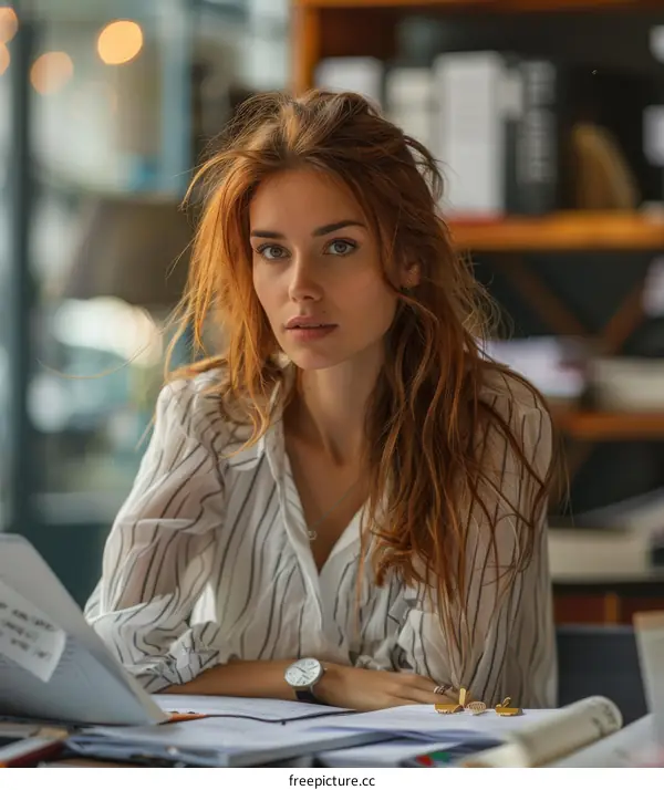 Focused Caucasian Woman Working at Desk