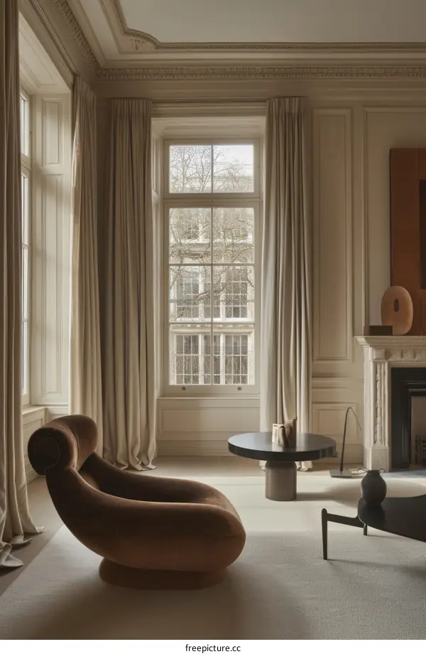 Luxurious Velvet Chair by a Window with Moldings