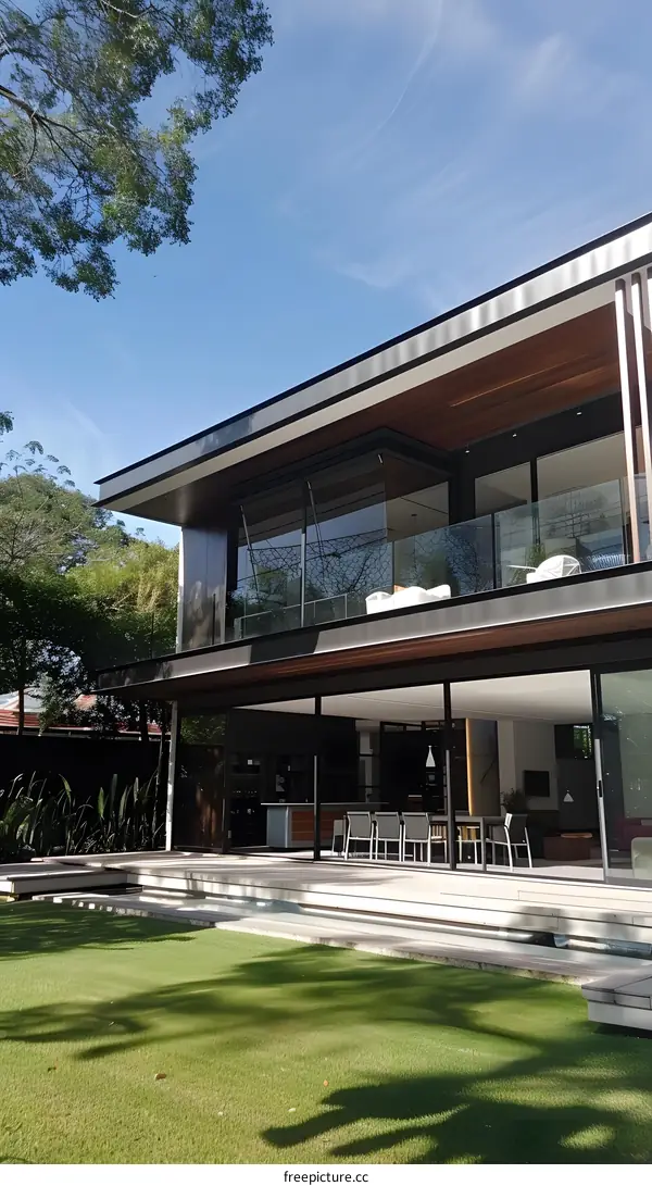 Modern Home with Large Windows and Green Lawn