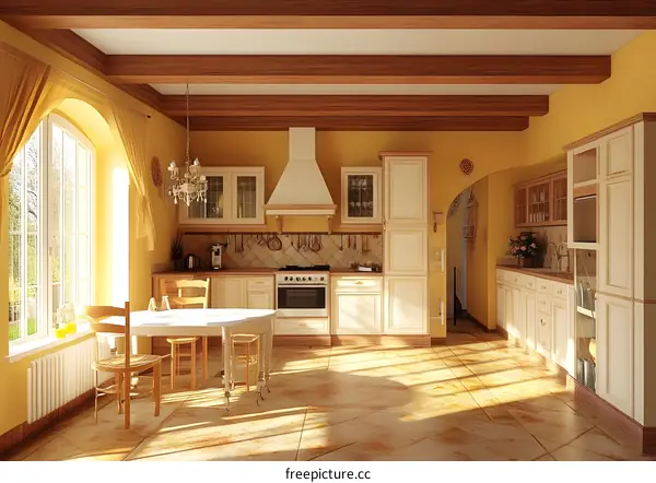 Modern Kitchen Design With White Cabinets And Yellow Walls