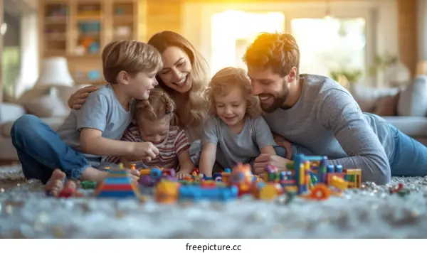 Happy family playing with toys on the floor