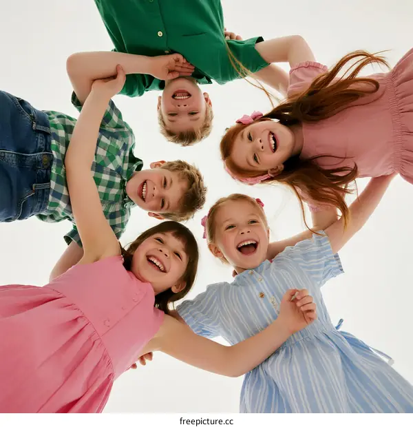 Group of happy children holding hands together in a circle