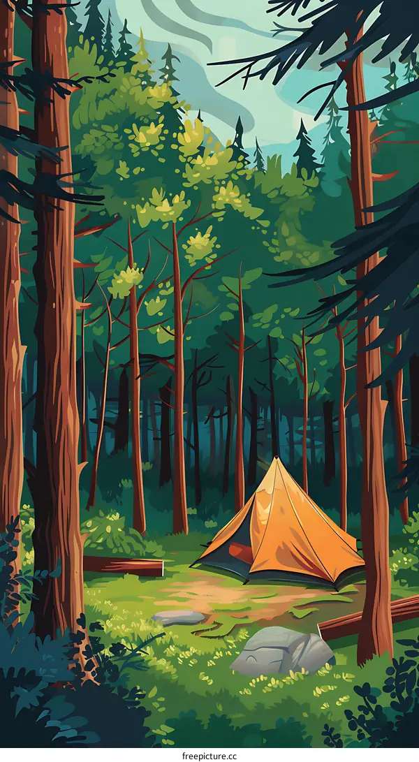 Camping Tent in Lush Green Forest