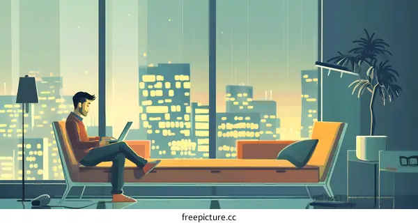 Man Working on Laptop in Modern Apartment with City View