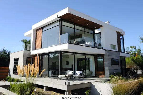 Modern House with Large Windows and Glass Balcony