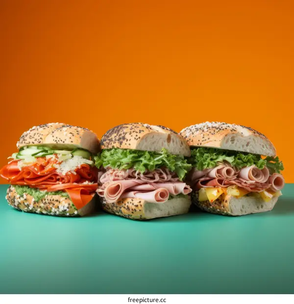 Three sandwiches with various fillings on a green surface against an orange background