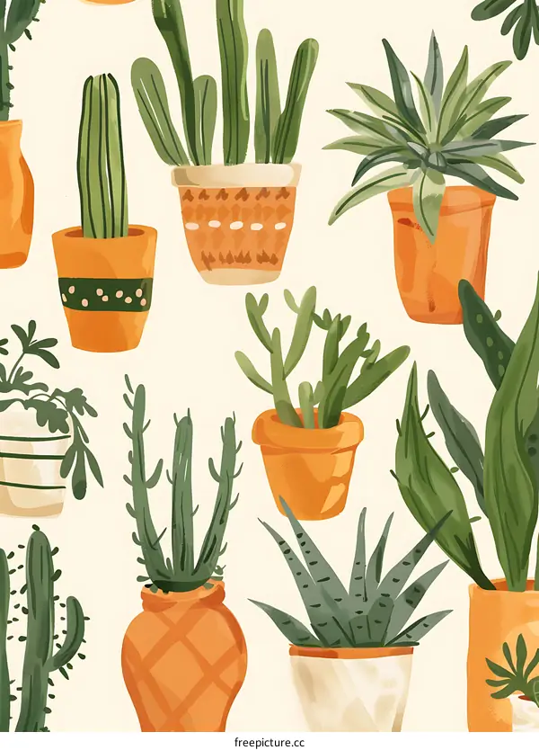 Potted Plants Pattern Design with Green Leaves in Terracotta Pots