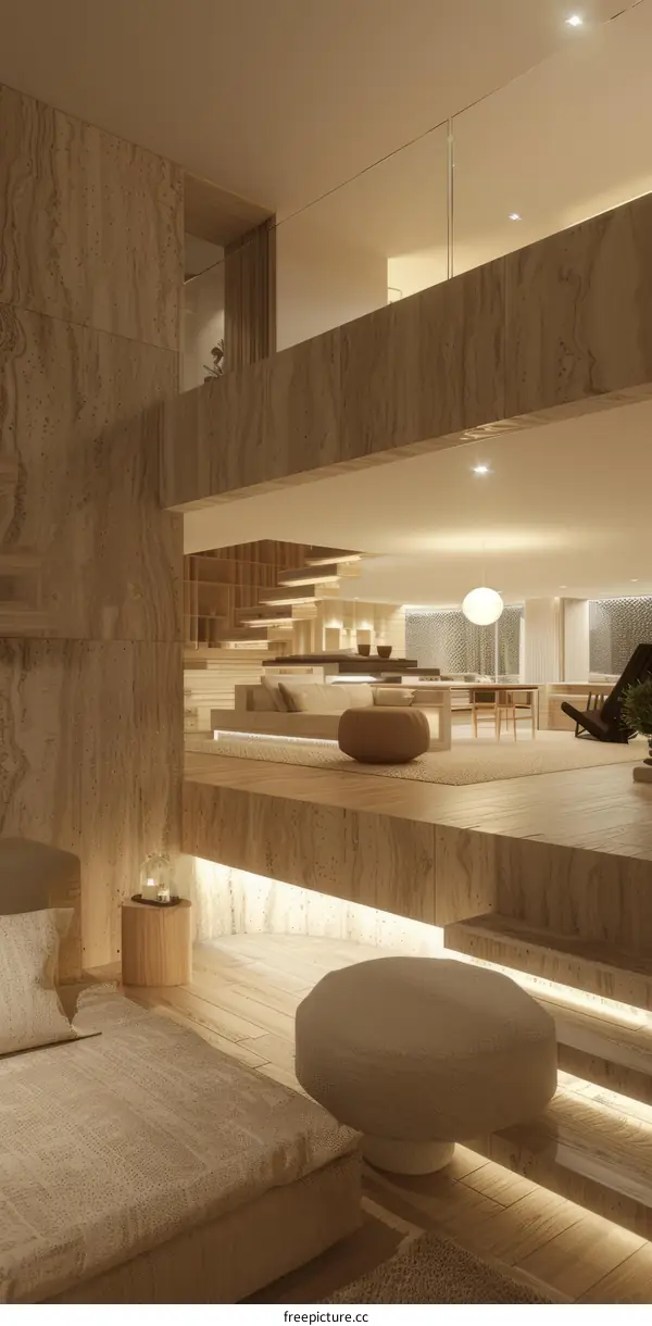 An illustration of a modern house interior with a living room, dining room, and kitchen