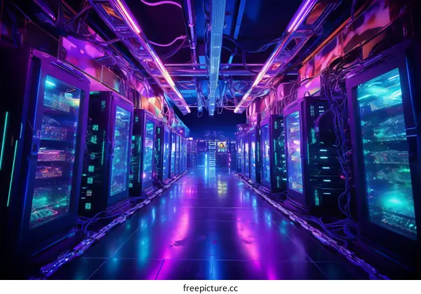 Futuristic illustration of a server room with glowing lights