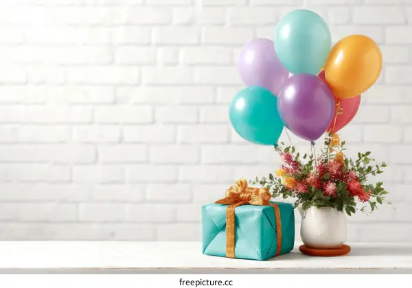 Birthday Celebration with Colorful Balloons and Gift