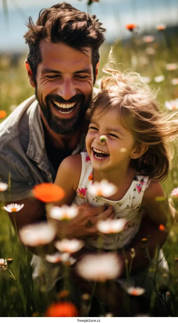 Father and daughter laughing in a field of flowers
