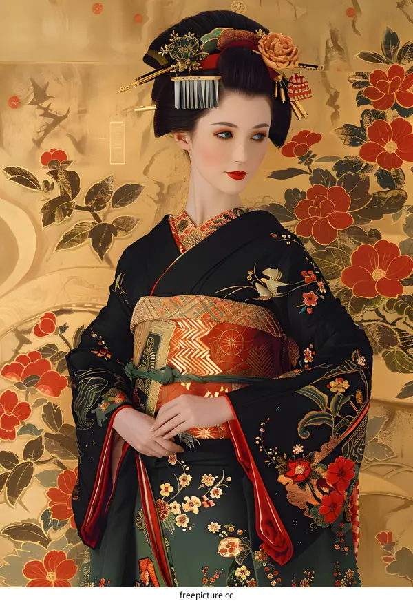 Portrait of a Japanese woman in traditional kimono
