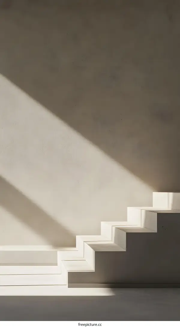 Minimalist White Stairs with Sunlight Shadow on Beige Wall