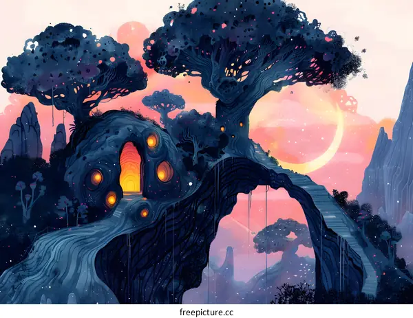 A mystical treehouse in a surreal landscape with a crescent moon in the sky.