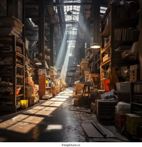 A Large Warehouse Filled with Wooden Shelving and Boxes