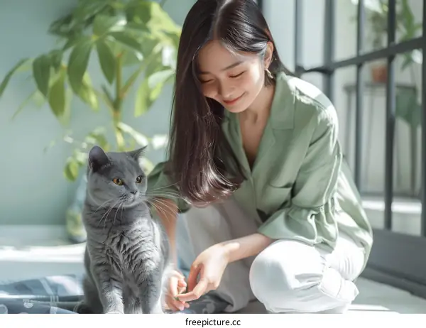 A young woman is petting a gray cat in a sunny room