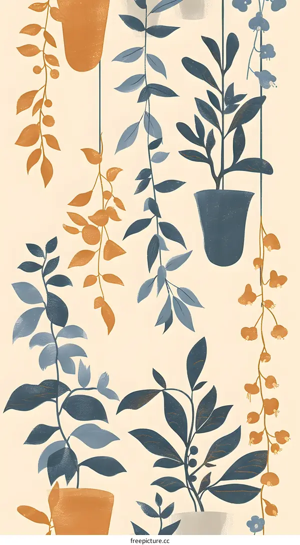 Hanging Plants Illustration with Blue and Orange Leaves