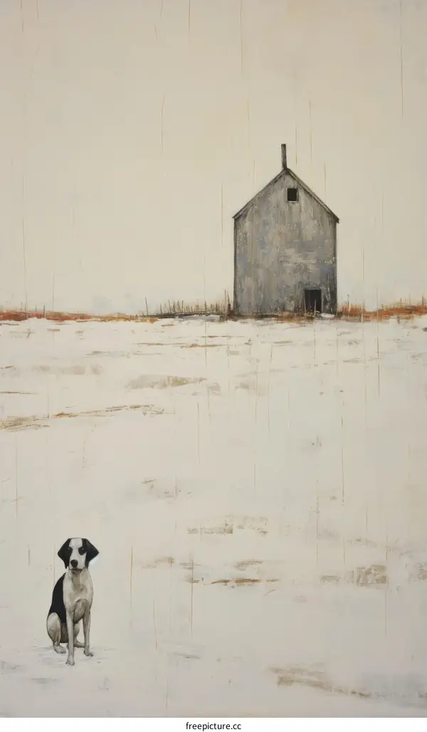 Dog looking at a vacant house in the snow covered field