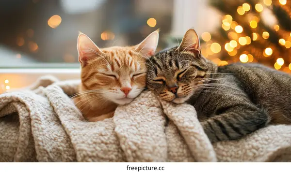Two Cats Sleeping Cozy on a Knitted Blanket Near Christmas Lights