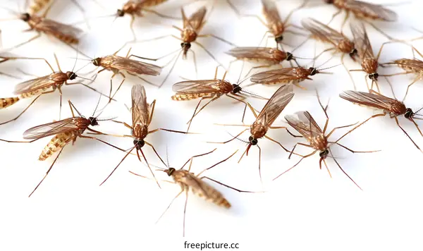 Closeup of many Mosquitoes on white background