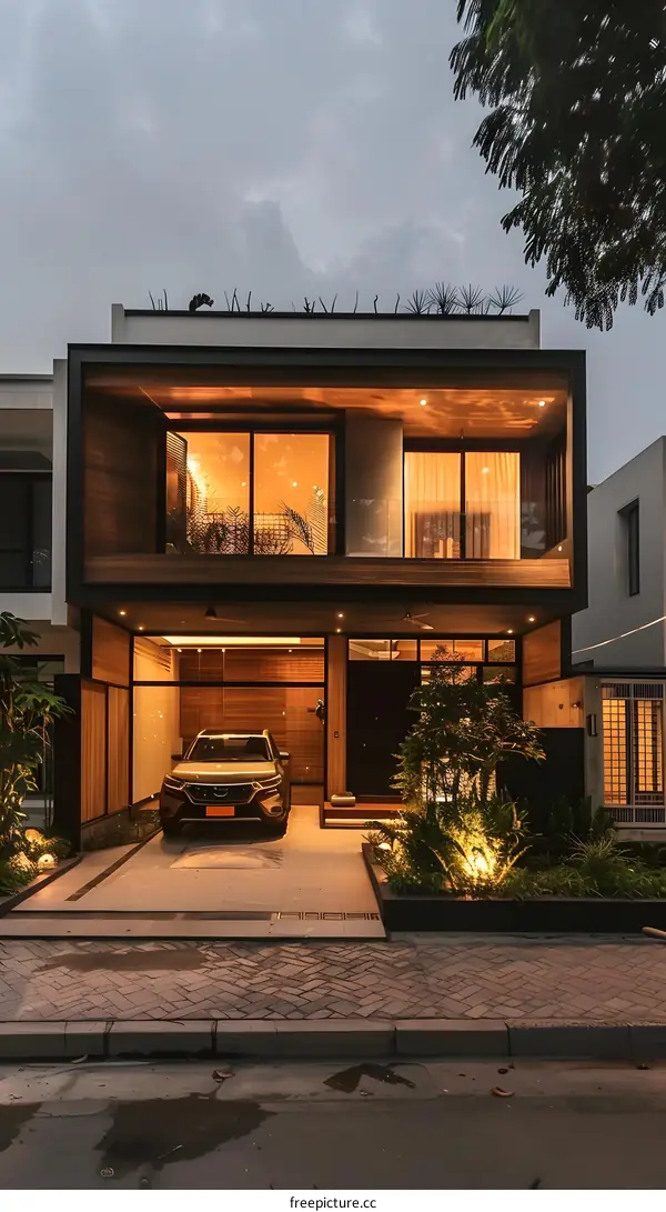 Modern House Exterior With Wooden Accents and Garage