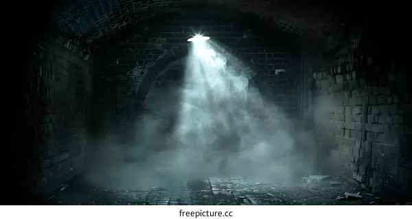 Dark Brick Tunnel with Spotlight and Smoke