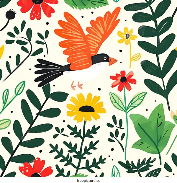 Colorful Floral Pattern with Flying Bird