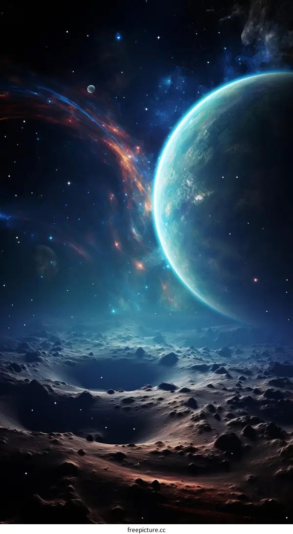 A Rocky Moon with a Blue Atmosphere and Two Moons in the Background