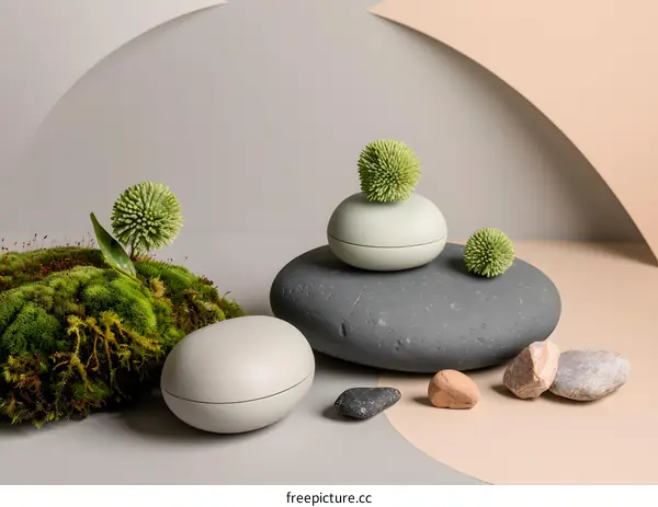 Decorative Stones and Green Plants on a White Background