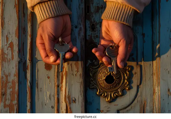 Two hands holding keys in front of a blue wooden door with a keyhole
