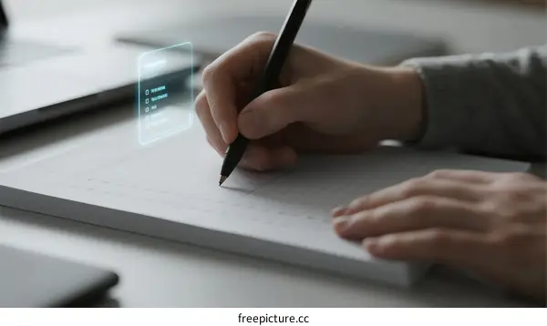 Person writing on paper with digital interface overlay