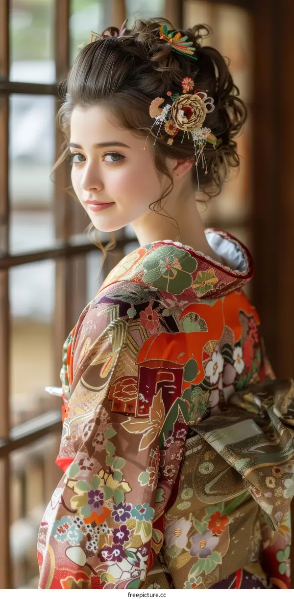 Portrait of a young woman in a kimono