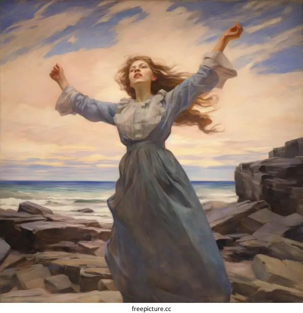 Young Woman Standing on a Rocky Shore, Arms Raised