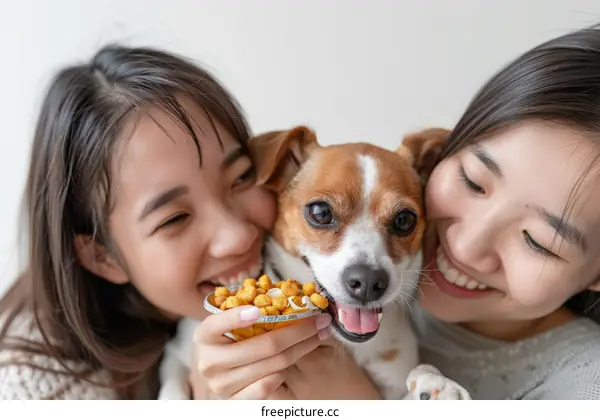 Two Asian women feeding a dog