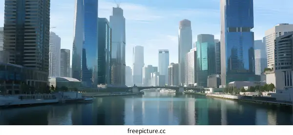 Modern Urban Skyline with Tall Buildings and River View