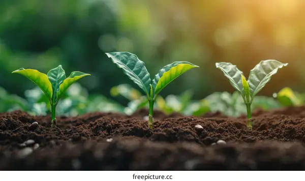 Three young plants growing in soil with a blurred background